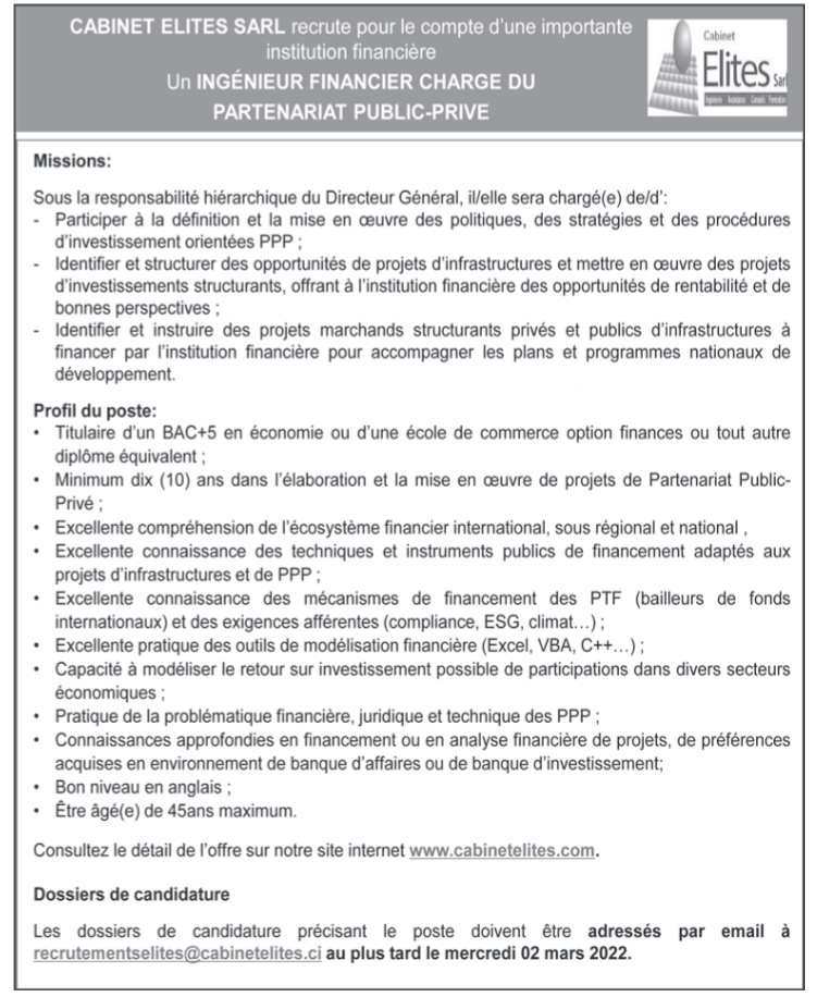 Recrutement de 01 Ingénieur Financier chargé du partenariat public-privé